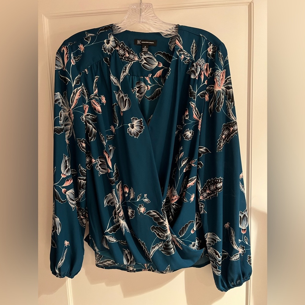 INC Teal Floral Blouse size Med